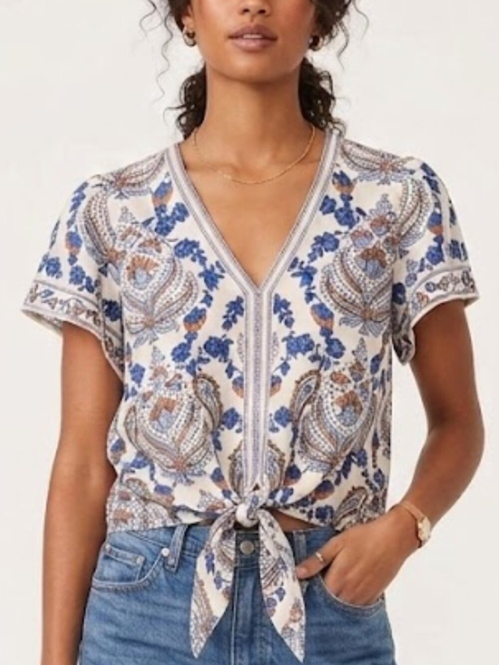 Max Studio Paisley Floral Flutter Sleeve V-Neck Tie Front Blouse Size M